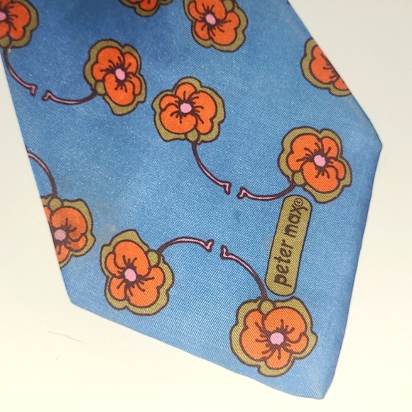 Peter Max Silk Tie Signed Pop Art Vintage Retro Blue w Orange Pink Floral Print - Picture 2 of 9
